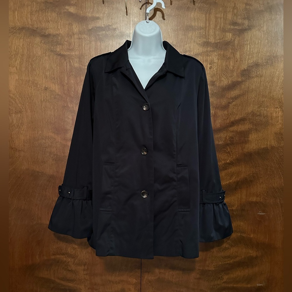 Vintage Dressbarn WESTPORT Long Bell Sleeve Jacket Womens L Button Down Raincoat